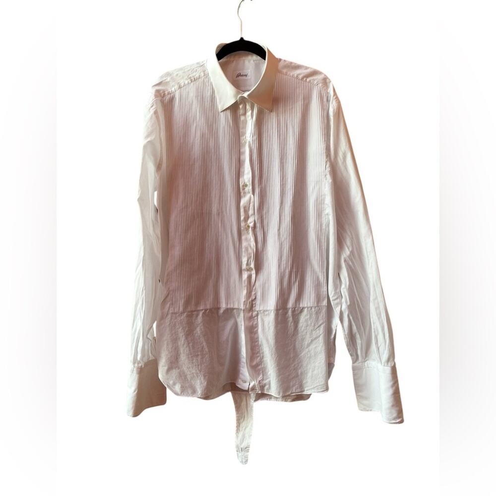 Brioni Men's White Tuck Pleat Tuxedo Shirt Long Sleeve French Cuffs Sz:L/17.1/2